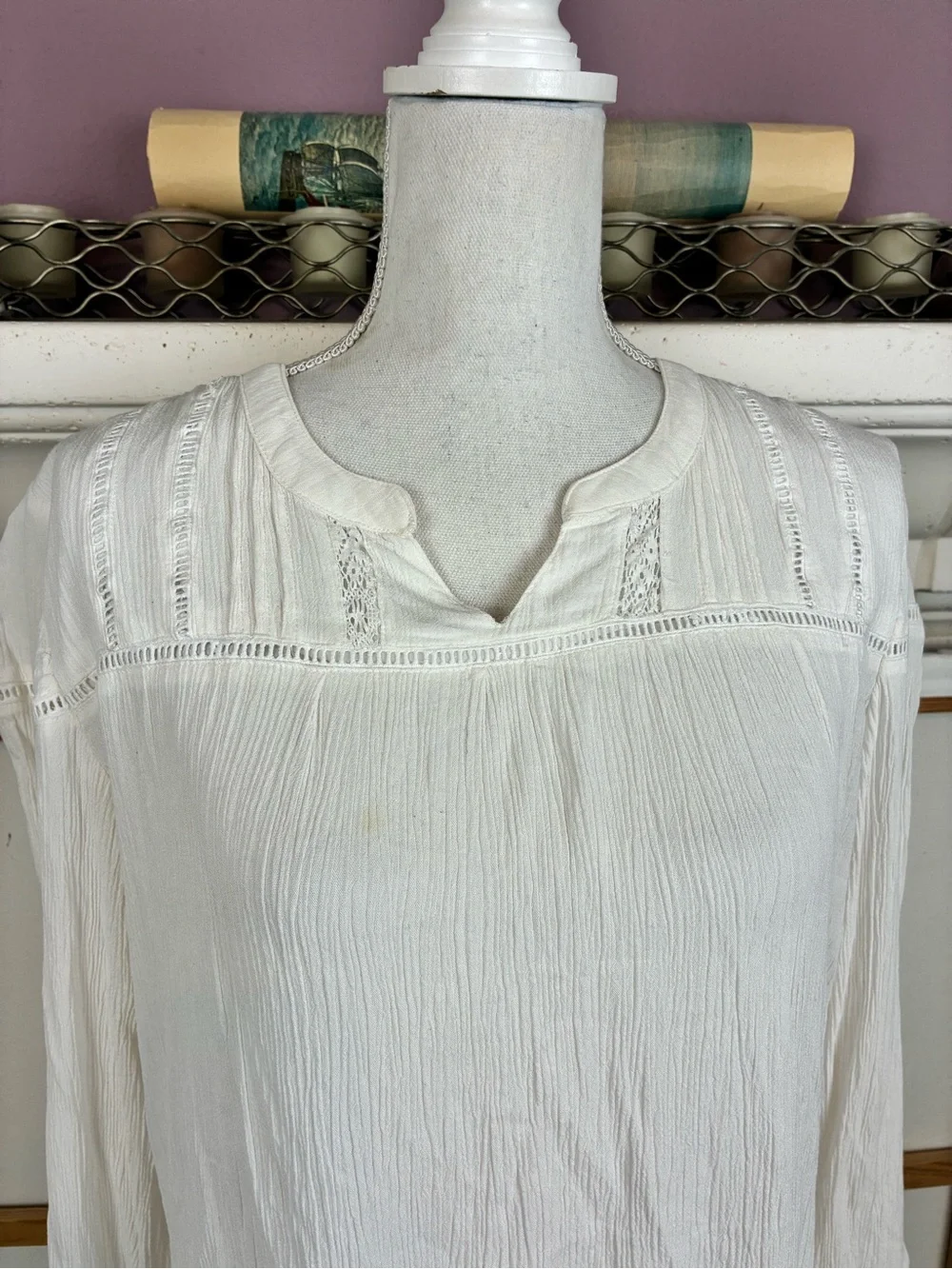 Coldwater Creek Long-Sleeve Peasant Tunic w/lace inset, round collar V neck